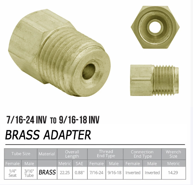 Brake Line Adapter 9/16-18 Male x 7/16-24 Female Inverted Flare