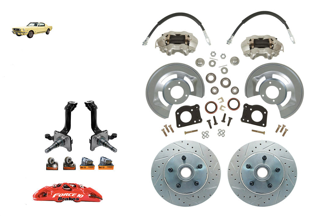 1964-69 Mustang Front Disc Brake Kit with big bearing V8 Spindles - Force 10 Brakes