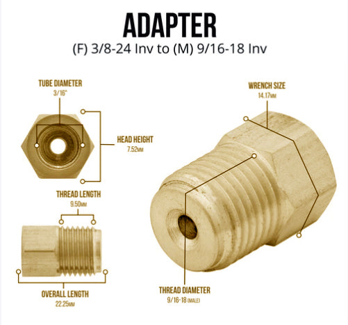 Brass Brake Line Adapter, 9/16-18 Male x 3/8-24 Female Inverted Flare
