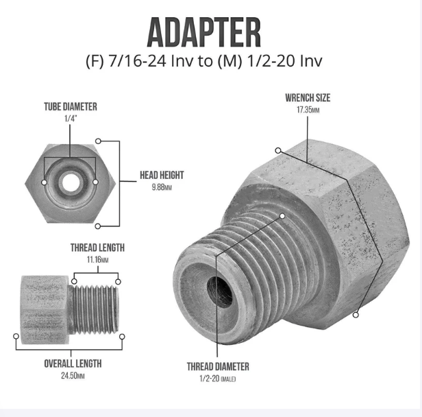 Stainless Steel Brake Line Adapter – 1/2-20 Inverted Flare to 1/4"Brake Line (7/16-24 thread) - Force 10 Brakes