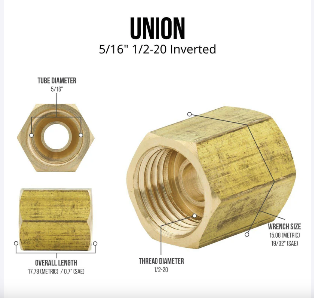 1/2-20 Inverted Flare Brass Brake Line Union,  3 pieces