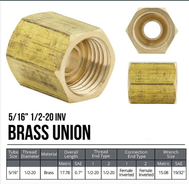 1/2-20 Inverted Flare Brass Brake Line Union, 3 pieces