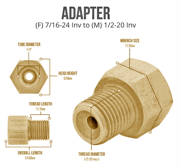 Brake line Adapter, 1/2-20 Male to 7/16-24 Female Brass Inverted Flare