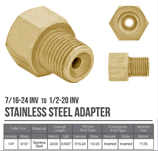 Brake line Adapter, 1/2-20 Male to 7/16-24 Female Brass Inverted Flare