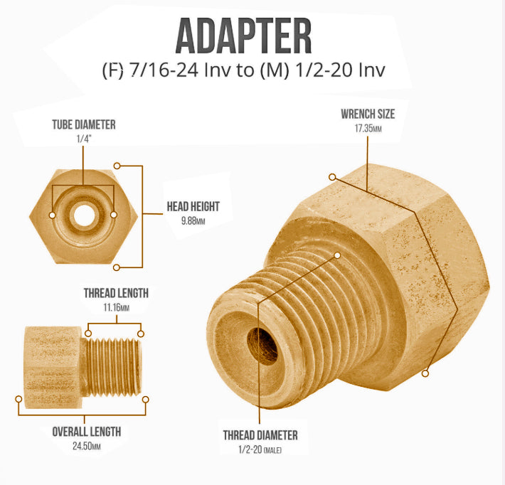 Brass Brake Line Adapter – 1/2-20 Inverted Flare to 1/4"Brake Line (7/16-24 thread) - Force 10 Brakes