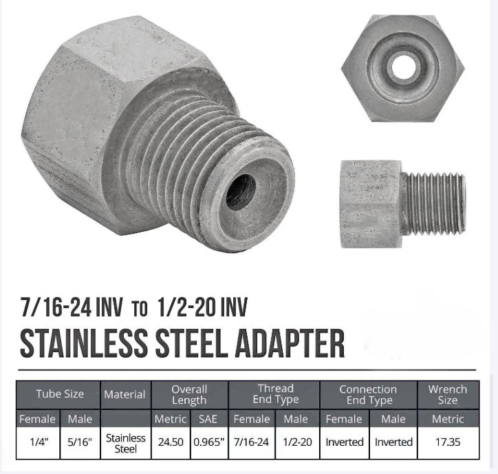 Stainless Steel Brake Line Adapter – 1/2-20 Inverted Flare to 1/4"Brake Line (7/16-24 thread) - Force 10 Brakes