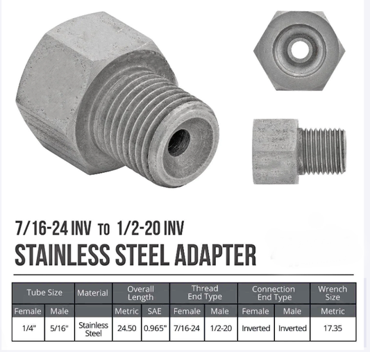 Stainless Brake Line Adapter – 1/2-20 Inverted Flare to 3/16" Brake Line (3/8-24 thread) - Force 10 Brakes