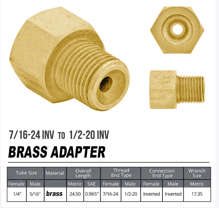 Brass Brake Line Adapter – 1/2-20 Inverted Flare to 1/4"Brake Line (7/16-24 thread) - Force 10 Brakes