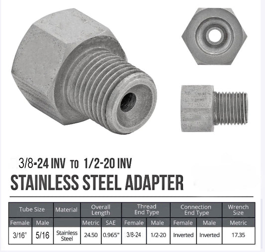 Stainless Brake Line Adapter – 1/2-20 Inverted Flare to 3/16" Brake Line (3/8-24 thread) - Force 10 Brakes