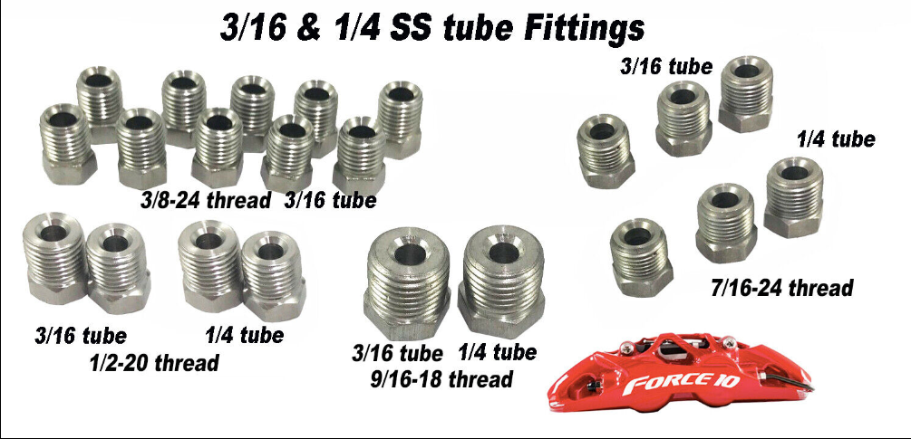 3/16" & 1/4" tube, Inverted Flare Stainless Steel Brake Line Fitting Kit 22 pcs - Force 10 Brakes