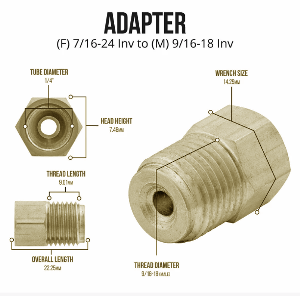 Brake Line Adapter 9/16-18 Male x 7/16-24 Female Inverted Flare