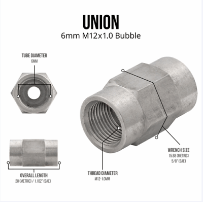 12 x 1.0 Metric Stainless Unions, bubble flare, 3/16" Line