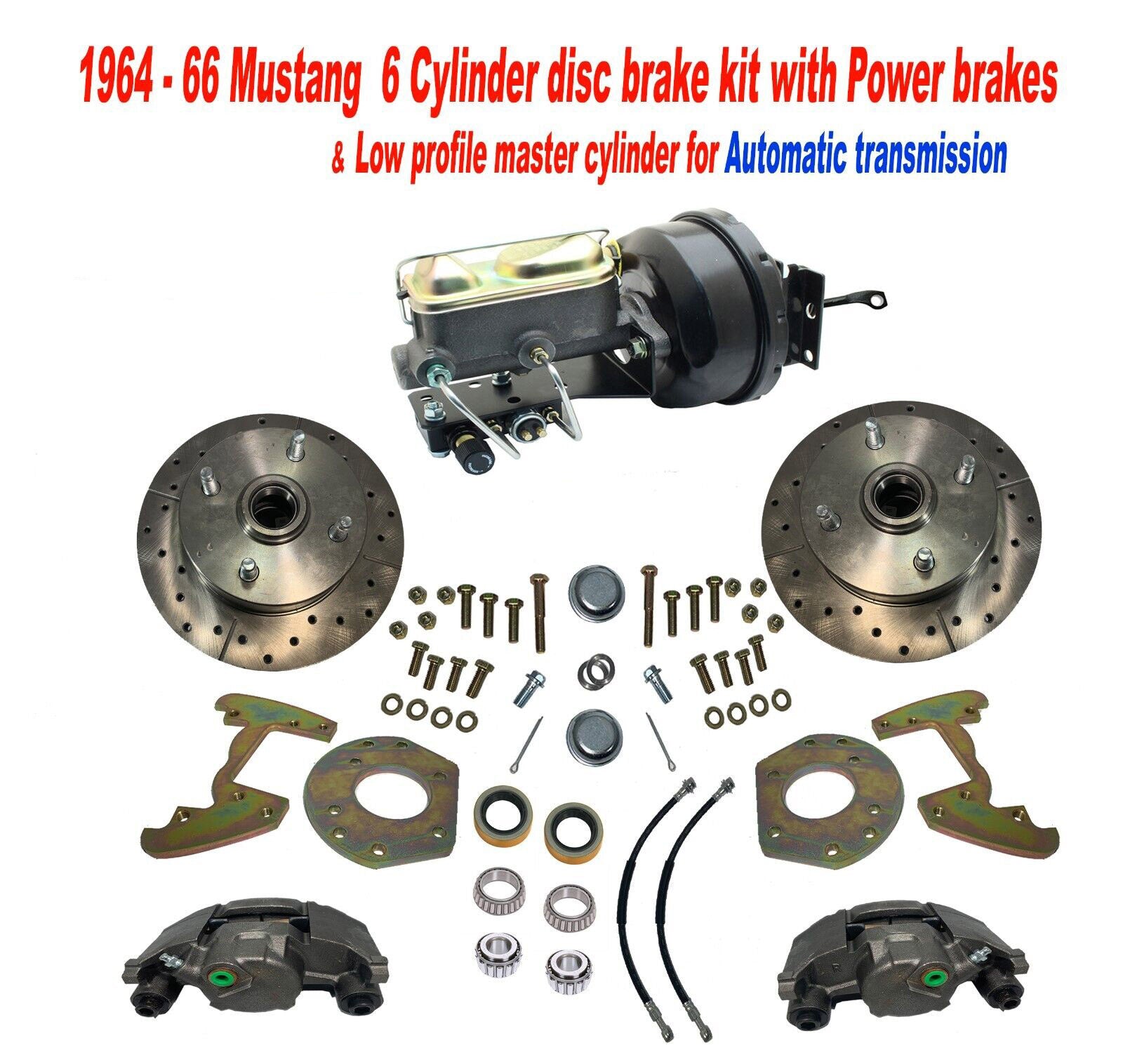 1964-66 Mustang 6-Cylinder 4-Lug Power Disc Brake Kit - Aluminum Master - Automatic shift