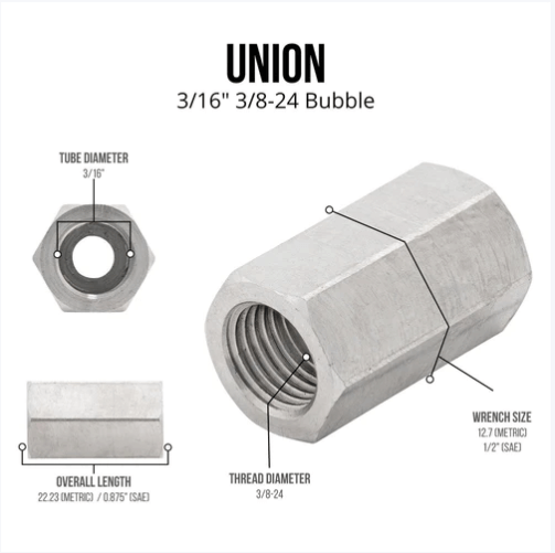 3/16" brake line Stainless brake Union, 3/8-24 thread, bubble flare