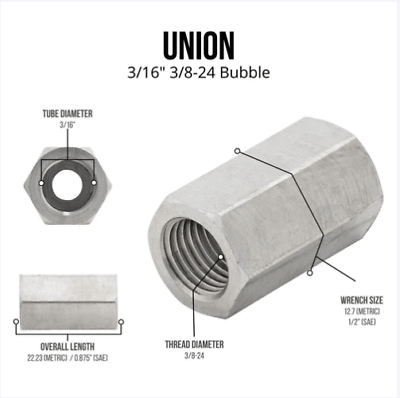 3/16 brake line Stainless Union 3/8-24 thread, bubble flare