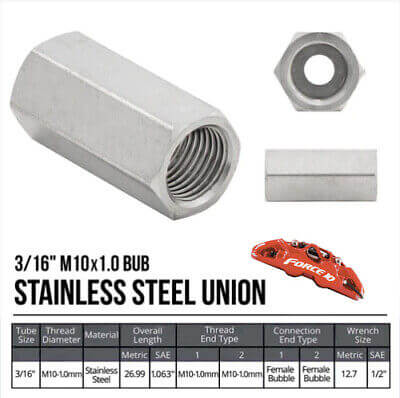 3/16" brake line Stainless Union, 3/8-24 thread, bubble flare