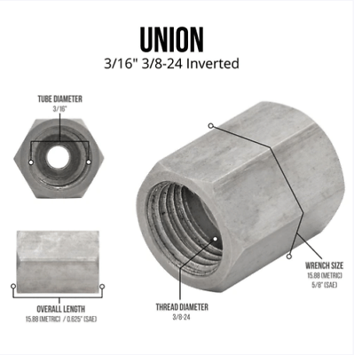 3/16" line Stainless brake union, 3/8-24 thread, inverted flare. 2 pcs.
