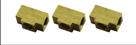 Brake Line Tee, 3/16" Tube, All Ports 3/8"-24 inverted flare (Pack of 3) brass