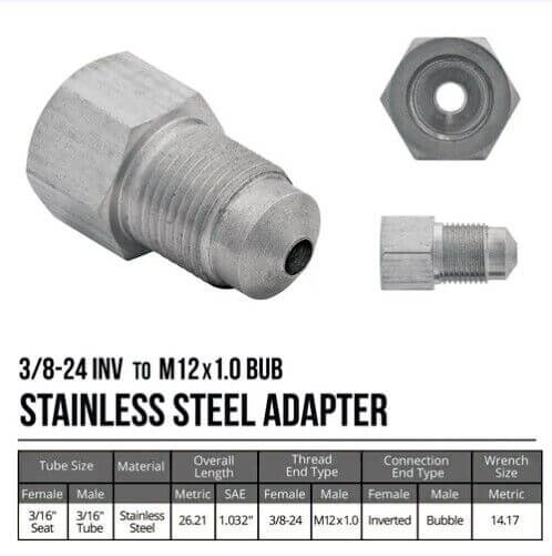Metric Tube Adapter 3/8-24 inverted flare (F) to 12 x1.0 Bubble flare (M), Stainless