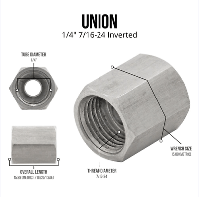 Stainless Brake line Union, 1/4" tube 7/16-24 thread, inverted flare