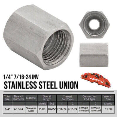 Stainless Brake line Union, 1/4" tube 7/16-24 thread, inverted flare