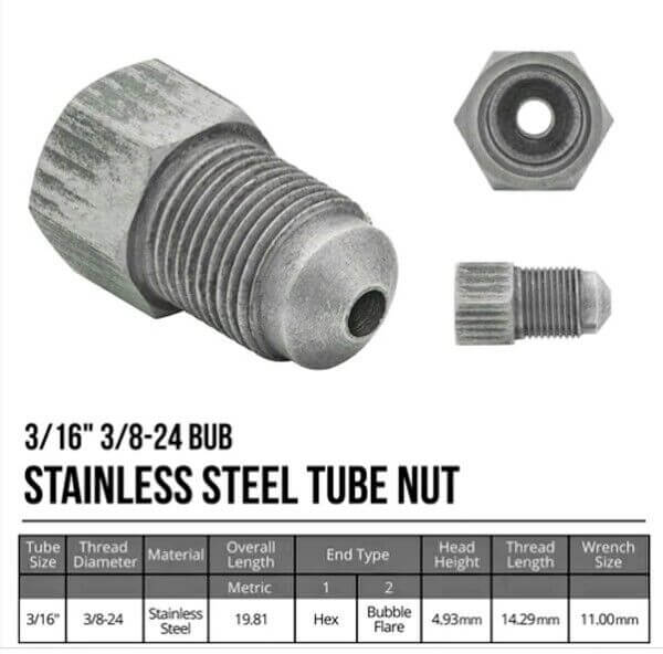 3/16" Tube adaptor 3/8-24 Thread(Female) to 3/8-24 bubble flare (Male) Stainless