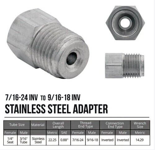 9/16-18 Male x 7/16-24 Female Inverted Flare Master Cylinder Adapter, Stainless
