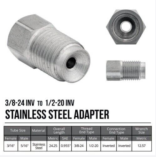 Stainless Brake Line Adapter – Male (1/2-20) to Female (3/8-24) – Double Flare Fitting