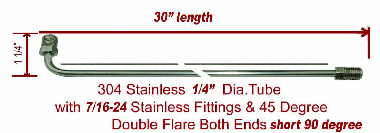 1/4" x 30" Stainless Steel Brake Line 90 Degree Bend Flared 7/16-24 Tube Nuts