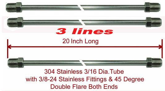 3/16" All Stainless Brake Line 20" 3/8-24 Tube Nuts - Stainless clamp set 24 piece