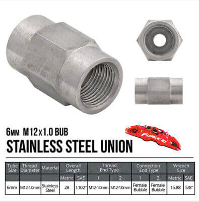 12 x 1.0 Metric Stainless Unions, bubble flare, 3/16" Line