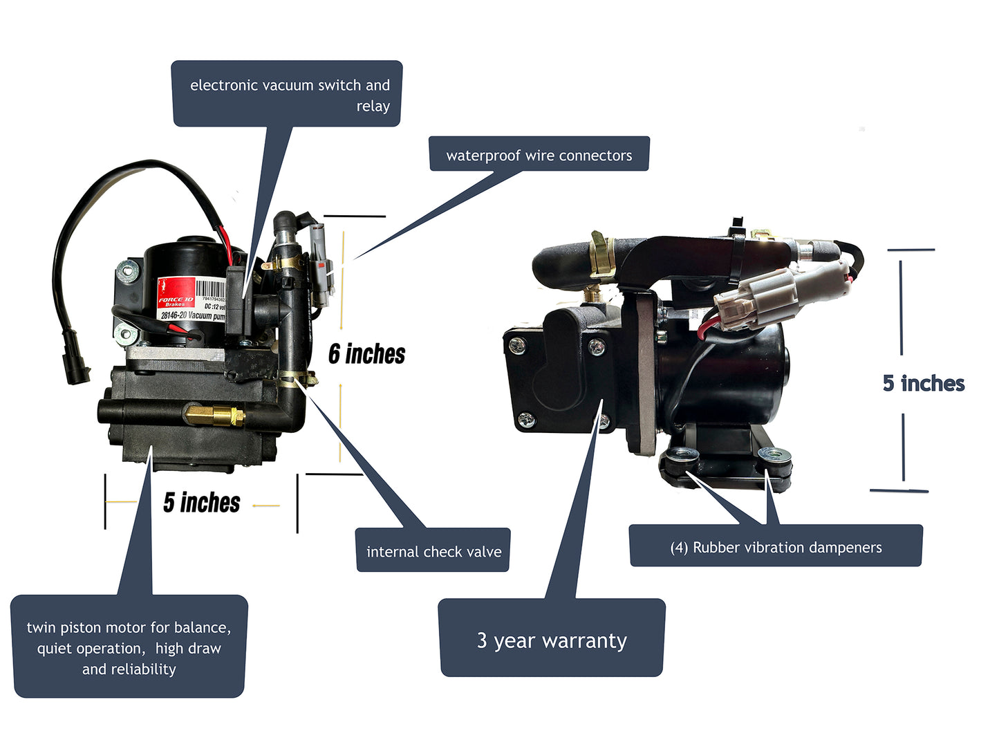 Brake Booster Vacuum Pump -Ultra quiet Dual piston pump 12 V "Plug and Play"  with install kit