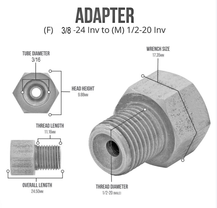 Stainless Brake Line Adapter – 1/2-20 Inverted Flare to 3/16" Brake Line (3/8-24 thread) - Force 10 Brakes