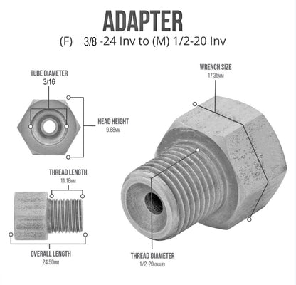 Stainless Brake Line Adapter – 1/2-20 Inverted Flare to 3/16" Brake Line (3/8-24 thread) - Force 10 Brakes