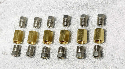 1/4 (7/16-24 Inverted) Stainless Steel Brake Line Fittings & brass Unions, 18 Pcs