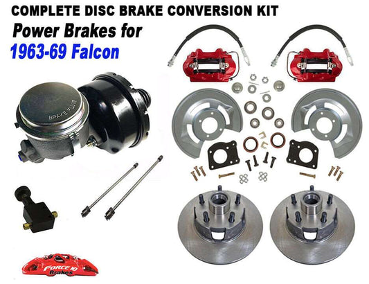 1963-69 Ford Falcon Power Front Disc Brake Kit 5 lug, Drilled Rotors RED calipers