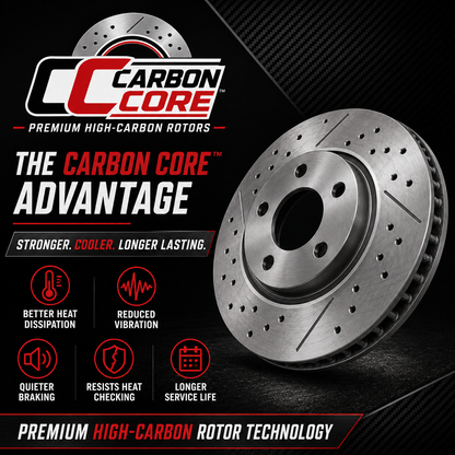 64-67 Mustang Front Hi Carbon Cross Drilled/Slotted Plated Rotors, "Carbon Core"