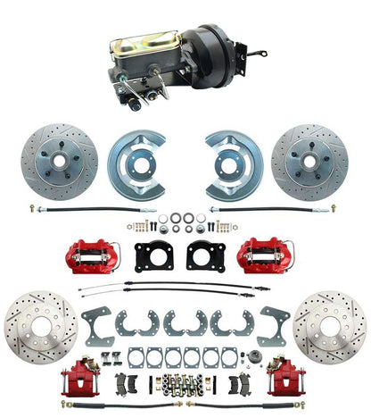 Front & Rear Mustang 1964-66 Power Disc Brakes, Drilled Rotors & RED Calipers, Manual