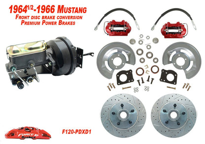 Front & Rear Mustang 1964-66 Power Disc Brakes, Drilled Rotors & RED Calipers, Manual