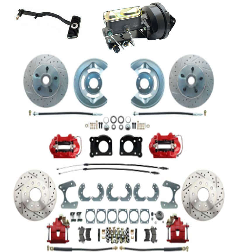 1967-69 Mustang Front and Rear Power Disc Brake Kit w/drilled rotors - Auto trans, RED Force 10 Brakes