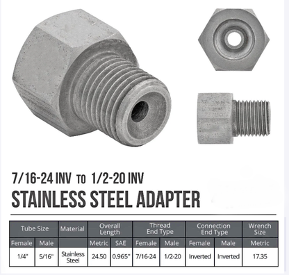 Stainless Steel Brake Line Adapter – 1/2-20 Inverted Flare to 1/4"Brake Line (7/16-24 thread) - Force 10 Brakes