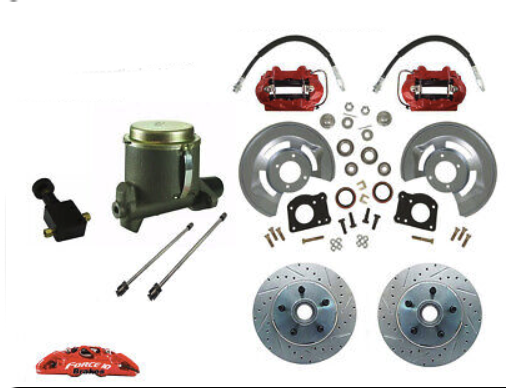 Mustang 1964-66 Front Disc Brake Conversion Kit with Red Calipers and Master Cylinder - Force 10 Brakes