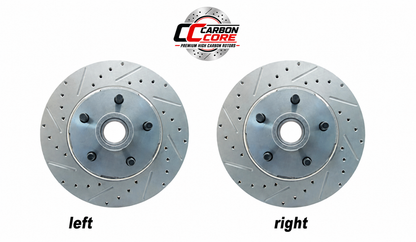 64-67 Mustang Front Hi Carbon Cross Drilled/Slotted Plated Rotors, "Carbon Core"