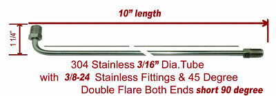 3/16" x 10" STAINLESS STEEL Brake line 90 Degree Bend Flared 3/8-24 Tube Nuts