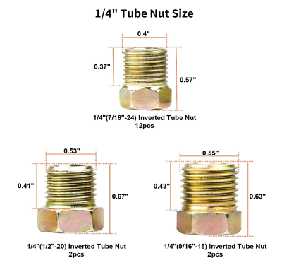 1/4 brake line, 7/16-24 Inverted Flare Line Fittings & brass Unions, 12 pcs.