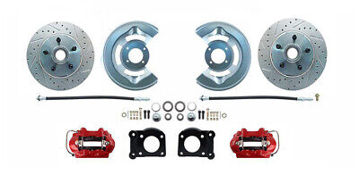 1964-73 Mustang Front Brake Kit, RED calipers,  Cross Drilled Rotors