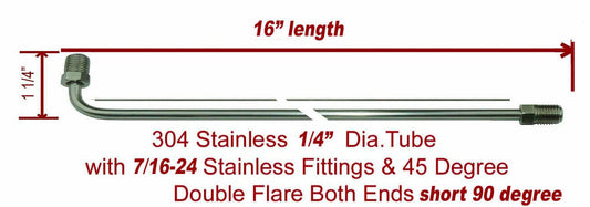 1/4" x 16" Stainless Steel Brake Line 90 Degree Bend Flared 7/16-24 Tube Nuts