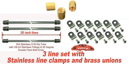 3/16" SS Brake Lines 20" (3pcs) - SS 3/8-24 fittings - 24pc SS clamp set- unions