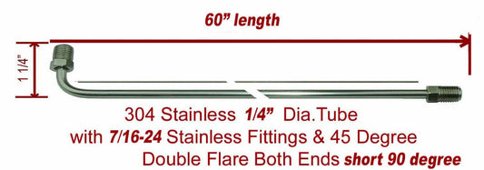 1/4" x 60" Stainless Steel Brake Line90 Degree Bend Flared 7/16-24 Tube Nuts