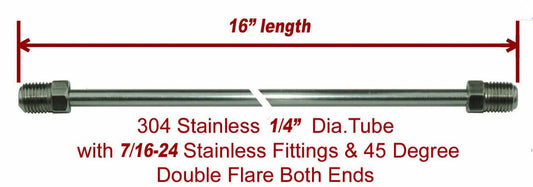 1/4" x 16" Stainless Steel Brake Line 7/16-24 Tube Nuts 45 Degree inverted Flare